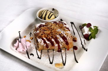 Apple strudel with ice cream