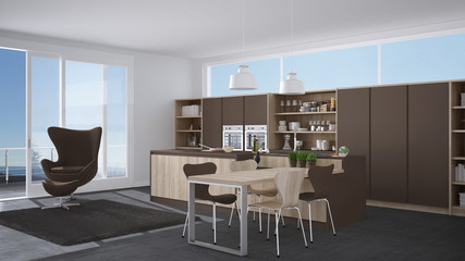 Modern gray and brown kitchen with wooden details, big window with sea or lake panorama