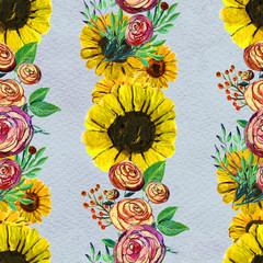 Seamless pattern with sunflowers and roses