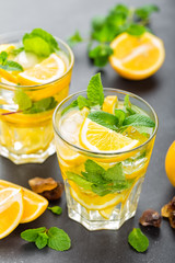 Lemon mojito cocktail with mint, cold refreshing drink or beverage