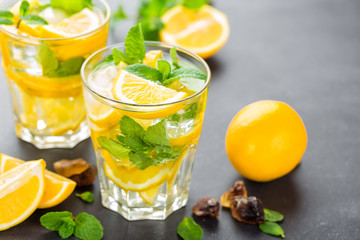Lemon mojito cocktail with mint, cold refreshing drink or beverage