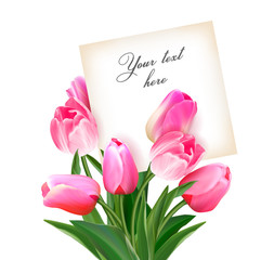 Bouquet of tulips with a card inside. Space for text. Holiday background with sheet of paper and flowers. Vector illustration.