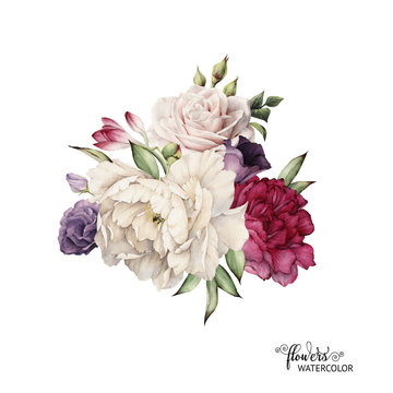 Bouquet of peonies, watercolor, can be used as greeting card, invitation card for wedding, birthday and other holiday and  summer background.