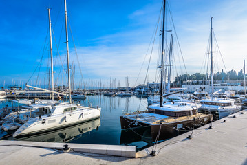 Catamaran marina Split Croatia. / Scenic view at largest marina in town Split with catamarans in...