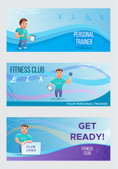 Fitness banners or flyers set with personal trainer.Vector illustration with cartoon character.