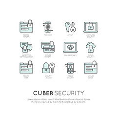 Vector Icon Style Logo Set of Cuber Security, Secure Access, Network Protection and Privacy, Isolated Linear Design