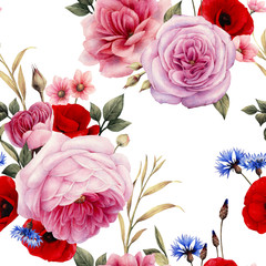 Fototapety  Kwiatowy wzór z różami, akwarela.