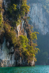 Fototapeta na wymiar Limestone rock texture and green plants above clear blue water. Mountains in Khao Sok national park, Cheo Lan lake, Thailand