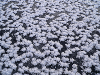 Ice crystals on the surface of a frozen lake in winter