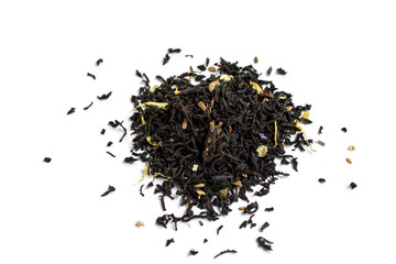 Black tea leaf with flower on white background