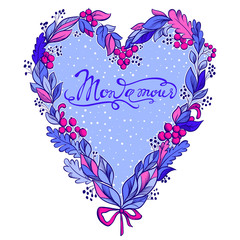 Vector Heart with leaves, berries and bow. Cute romantic design. Vintage style.Best wishes. Greeting card for Happy Birthday, Valentines day. Hand drawn floral composition shape of a hearts.