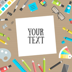 Banner workplace collection concept office items, instruments and devices, design and art with white sheet of paper. Modern design flat icon set top view on table - vector illustration