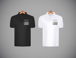Men's slim-fitting short sleeve polo shirt with logo for advertising. Black and white polo shirt with wooden hanger isolated mock-up design template for branding. - obrazy, fototapety, plakaty