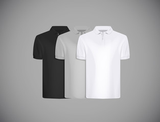 Men's slim-fitting short sleeve polo shirt  for advertising. Black, gray and white polo shirt collection isolated mock-up design template for branding.