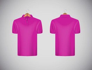 Men's slim-fitting short sleeve polo shirt. Pink polo shirt with wooden hanger isolated mock-up design template for branding.