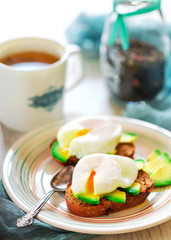 Sandwiches with avocado and poached eggs. Cup of tea in the background. Light background
