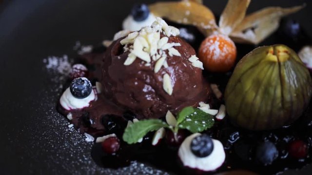 chocolate ice cream dessert on plate