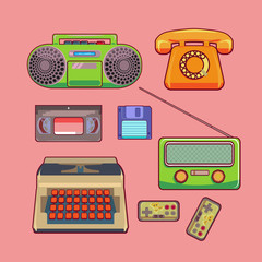 Color and bright vector set, sticker retro technology: telephone, tape recorder, radio, videotapes, typewriter