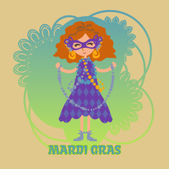 Vector girl in a mask with beads on Mardi gras celebration. Masquerade. Mask with feathers and gold earrings