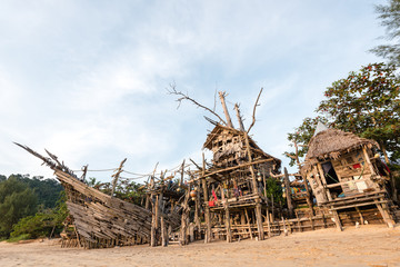 Koh Phayam island, Thailand - January 31, 2017: Beach bar "Hippy Bar", completely made out of drift wood