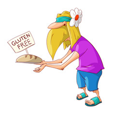 Colorful vector illustration of a cartoon blonde male hippy promoting gluten free food, bread.