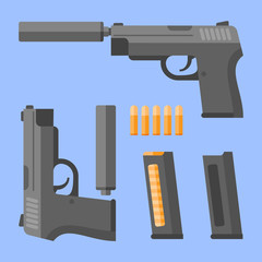 Gun with silencer, magazine and cartridges on blue background. Automatic pistol in flat style. Vector illustration.