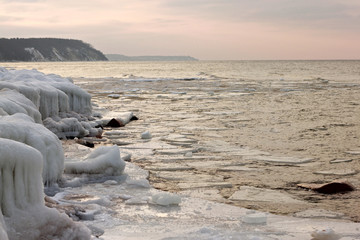 View of the sunset of the Baltic Sea in the winter.