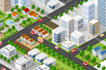 Isometric 3D building city green concept private, municipal real estate. Home collection hotel, gardens, architecture cityscape. Green tree buildings map Illustration elements set business vector game © AlexZel