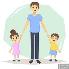 Happy family of three single father with son daughter, posing together holding hands, , parent and children cartoon vector illustration
