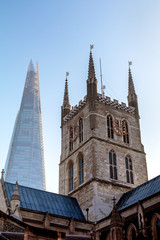 Fototapeta na wymiar Belfry of Southwark Cathedral with the Shard in the Background