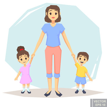 Happy family of three single mother with son daughter, posing together holding hands, , parent and children cartoon vector illustration