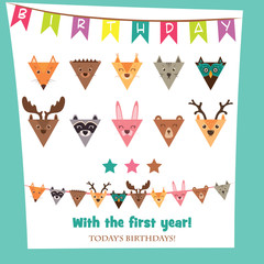 Set of multicolored garlands flat as forest animals on a white background. Design elements for the design of greeting cards, invitations. Vector.