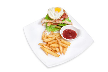 Sandwich with egg, fries and sauce