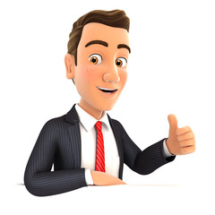 3d businessman with his elbow on the wall and thumb up