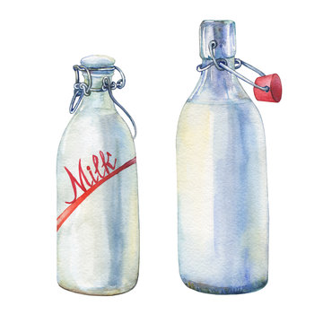 Bottles of milk. Hand drawn watercolor painting on white background.