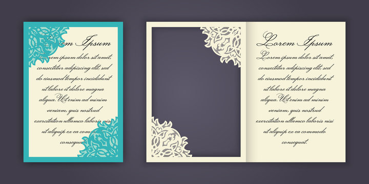Wedding invitation or greeting card with vintage lace ornament. Mock-up for laser cutting. Vector illustration.