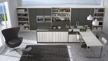 Fototapeta na wymiar Modern white and gray kitchen with wooden details, big window with sea or lake panorama, top view
