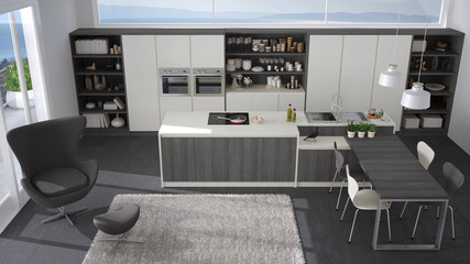 Modern white and gray kitchen with wooden details, big window with sea or lake panorama, top view