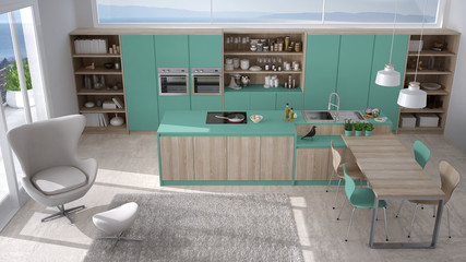 Modern white and turquoise kitchen with wooden details, big window with sea or lake panorama, top view