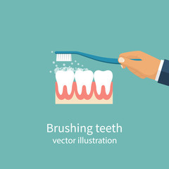 Brushing Teeth. Toothbrush hold in hand man. Dental care concept. Toothpaste bubbles foam. Oral hygiene. Vector illustration flat design. Isolated on background.