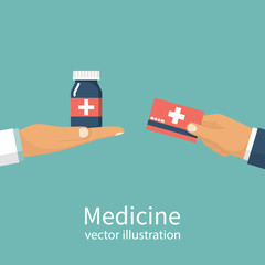 Buy medicine. Doctor holding bottle of pills to a patient. Medical insurance card in hand in exchange for tablets. Sell pills. Pharmacy shop. Vector illustration flat design. Isolated on background.