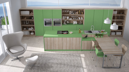Modern white and green kitchen with wooden details, big window with sea or lake panorama, top view