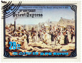 Inauguration of the first British railway line in 1821 on postage stamp