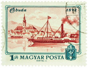 View of Buda and Danube river in 1872 on postage stamp