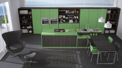 Fototapeta na wymiar Modern gray and green kitchen with wooden details, big window with sea or lake panorama, top view