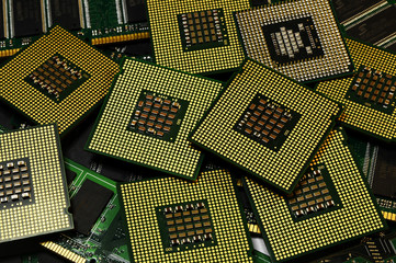 computer processors and old memory chip with postproduction effects, tecnology background.