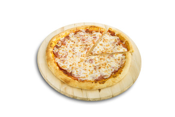 pizza on wooden cutting board isolated on white background
