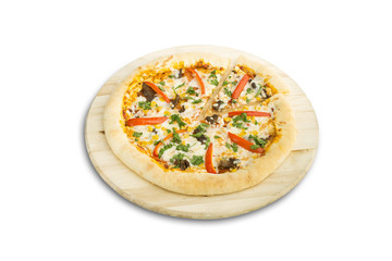 pizza on wooden cutting board isolated on white background
