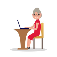 Vector cartoon old woman sitting at desk laptop