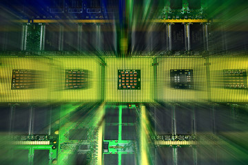 computer processors aligned with lighting effects postproduction, background.
